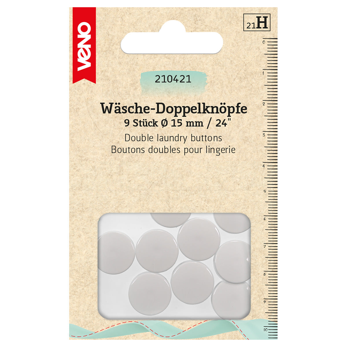 Wäsche-Doppelknöpfe 15 mm in Weiß von VENO – Ansicht eines 9er-Packs auf weißem Hintergrund